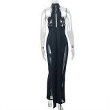 Women's Sexy Slim Fit Solid Color Low Back Halter Neck Slit Design High Neck Long Dress