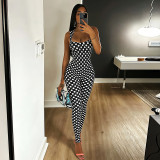 Women's Black and White Polka Dot Slim Waist Print Sports Slim Fit Strap Jumpsuit