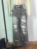 Women's Ripped Washed High Waist Straight Leg Loose Denim Long Pants Jeans