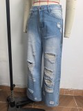 Women's Ripped Washed High Waist Straight Leg Loose Denim Long Pants Jeans