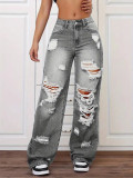 Women's Ripped Washed High Waist Straight Leg Loose Denim Long Pants Jeans