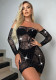 Women's Beaded Sexy Bodycon Long Sleeve Knit High Stretch Jacquard See-Through Nightclub Mini Dress