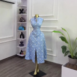 Women's Summer Chic Elegant Blue Floral Slim Fit Sleeveless Slit Dress