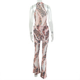 Women's Loose Casual Print Slim Waist High Neck Two-Piece Bodycon Pants Set