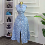 Women's Summer Chic Elegant Blue Floral Slim Fit Sleeveless Slit Dress