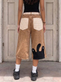 Women's Cat Towel Embroidered Patchwork Plaid Capri Denim Pants