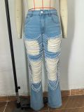 Women's Large Hole Pearl Straight Leg Mid-Waist Jeans