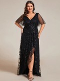 Women's Plus Size Formal Party V-Neck Short Sleeve Mesh Sequin Slit Long Dress