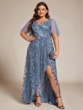 Women's Plus Size Formal Party V-Neck Short Sleeve Mesh Sequin Slit Long Dress