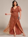 Women's Plus Size Formal Party V-Neck Short Sleeve Mesh Sequin Slit Long Dress