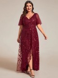 Women's Plus Size Formal Party V-Neck Short Sleeve Mesh Sequin Slit Long Dress