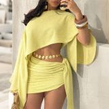 Women's Fashion Elegant Sexy Beach Holidays Slash Shoulder Top and Lace-Up Bodycon Mini Skirt Set