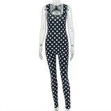 Women's Black and White Polka Dot Slim Waist Print Sports Slim Fit Strap Jumpsuit