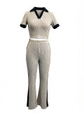 Women's Summer Turndown Collar Top and Slim Fit Flare Long Pants Two-Piece Set