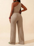 Women's Summer One-Shoulder Tight Fitting Crop Top and Wide Leg Pants Two-Piece Set