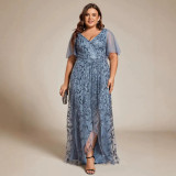 Women's Plus Size Formal Party V-Neck Short Sleeve Mesh Sequin Slit Long Dress