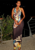 Women's Chic Print Sleeveless Deep V-Neck Halter Neck Bodycon Dress