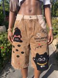 Women's Cat Towel Embroidered Patchwork Plaid Capri Denim Pants