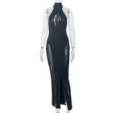 Women's Sexy Slim Fit Solid Color Low Back Halter Neck Slit Design High Neck Long Dress