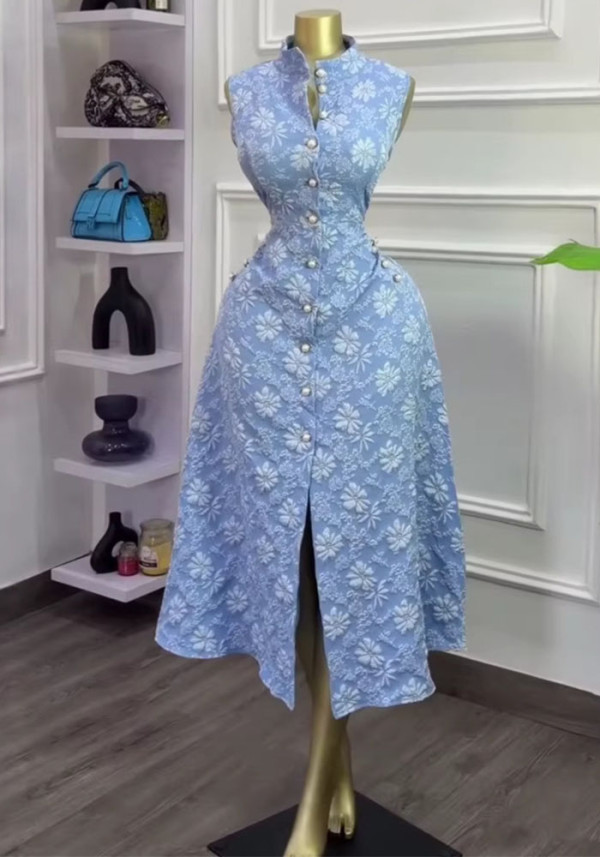 Women's Summer Chic Elegant Blue Floral Slim Fit Sleeveless Slit Dress