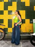 Women's Plaid Patchwork Waist Rope Big Pocket Denim Pants