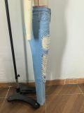 Women's Large Hole Pearl Straight Leg Mid-Waist Jeans