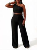 Women's Summer One-Shoulder Tight Fitting Crop Top and Wide Leg Pants Two-Piece Set
