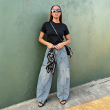 Women's Street Pocket Cutting Line Waist Silk Scarf Denim Pants