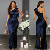 Women's Elegant Solid Color Satin Slash-Shoulder Slim Slit Floor-Length Formal Party Evening Gown