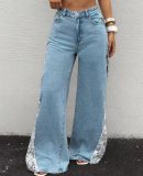 Women's Stretch Denim Contrast Color Lace Patchwork Design Wide Leg Pants
