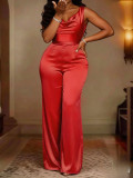 Women's Satin Sleeveless Cowl Neck Slim Waist Wide Leg Pants Jumpsuit