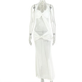 Women's Holidays Solid Color Slightly Elastic Lace-Up Halter Neck Sexy Mesh Long Dress