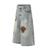 Women's Flocking Embroidered Puppy Capri Denim Shorts