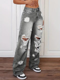 Women's Ripped Washed High Waist Straight Leg Loose Denim Long Pants Jeans