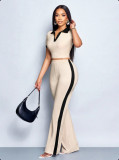 Women's Summer Turndown Collar Top and Slim Fit Flare Long Pants Two-Piece Set