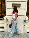 Women's Plaid Patchwork Cartoon Puppy Embroidered Denim Pants