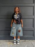 Women's Flocking Embroidered Puppy Capri Denim Shorts