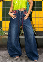 Women's Plaid Patchwork Waist Rope Big Pocket Denim Pants Women's Plaid Patchwork Waist Rope Big Pocket Denim Pants
