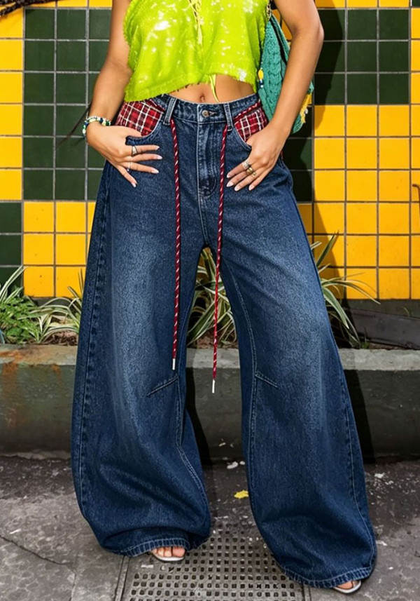 Women's Plaid Patchwork Waist Rope Big Pocket Denim Pants