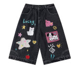 Women's Puppy Cartoon Embroidered Capri Denim Pants