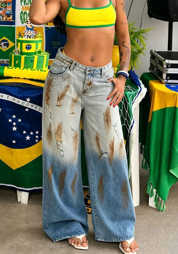 Women's Streetwear Washed Distressed Gradient Ripped Denim Pants
