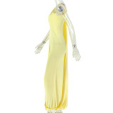Women's Slimming Chic Slash Shoulder Formal Party Lace-Up Sleeveless Solid Color Bodycon Dress