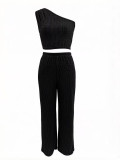 Women's Summer One-Shoulder Tight Fitting Crop Top and Wide Leg Pants Two-Piece Set