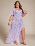 Women's Plus Size Formal Party V-Neck Short Sleeve Mesh Sequin Slit Long Dress