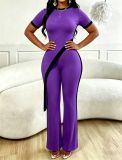 Women's Summer Asymmetric Long Top and Slim Fit Contrast Color Pants Two-Piece Set