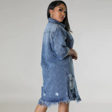 Women's Ripped Tassel Short Sleeve Denim Dress