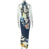 Women's Chic Print Sleeveless Deep V-Neck Halter Neck Bodycon Dress