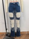 Women's Large Hole Pearl Straight Leg Mid-Waist Jeans