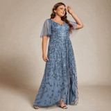Women's Plus Size Formal Party V-Neck Short Sleeve Mesh Sequin Slit Long Dress