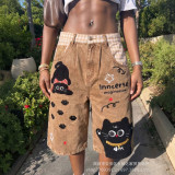 Women's Cat Towel Embroidered Patchwork Plaid Capri Denim Pants